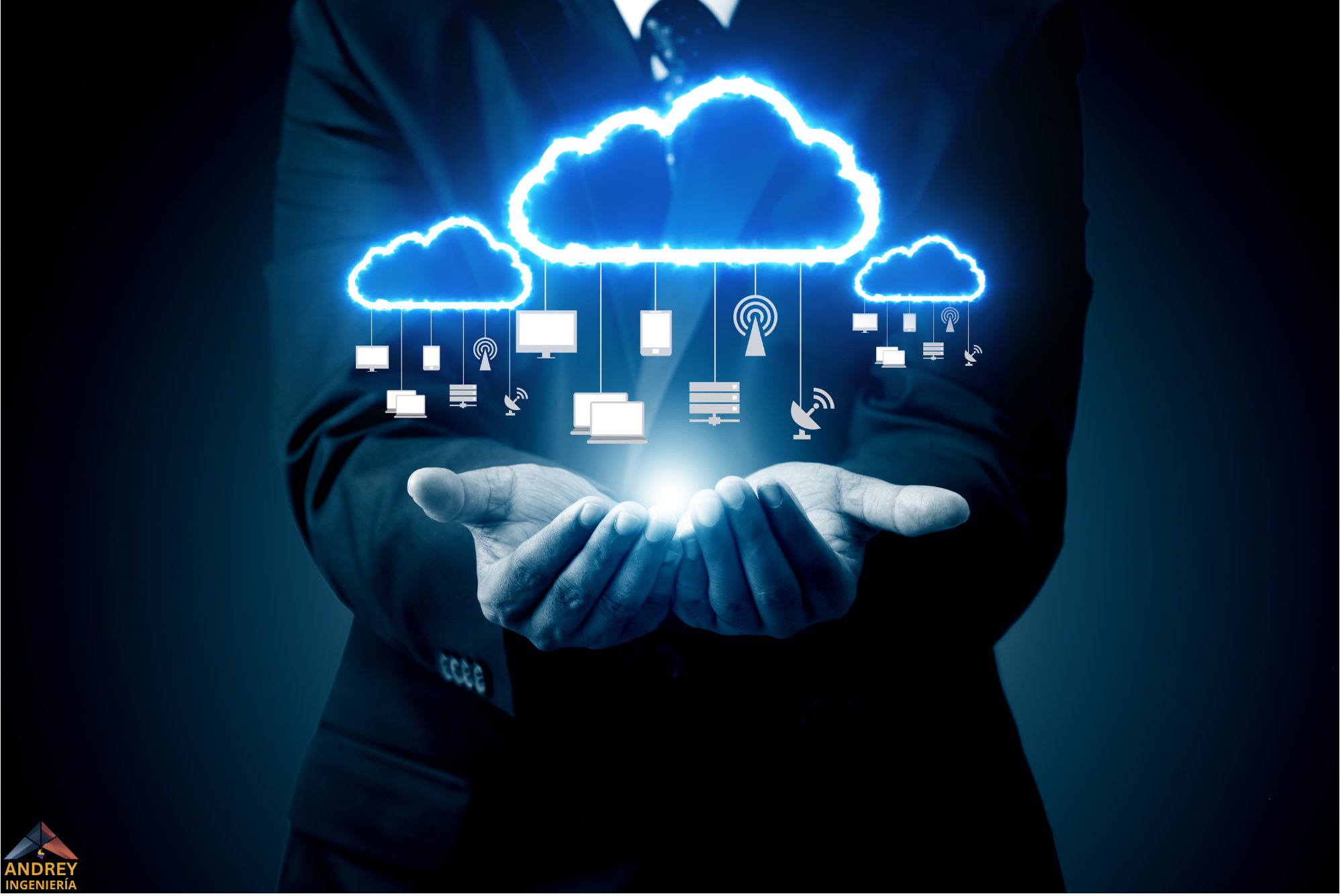 Flechas estilizadas que muestran datos moviéndose desde servidores locales hacia un ícono de nube brillante.