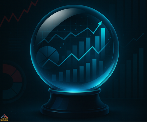 Una bola de cristal mostrando diferentes escenarios futuros basados en gráficos de datos.